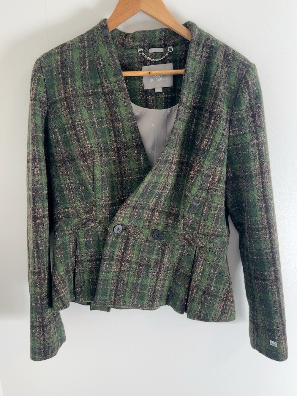 SOIA & KYO Green Plaid Wool Peplum Blazer Size M